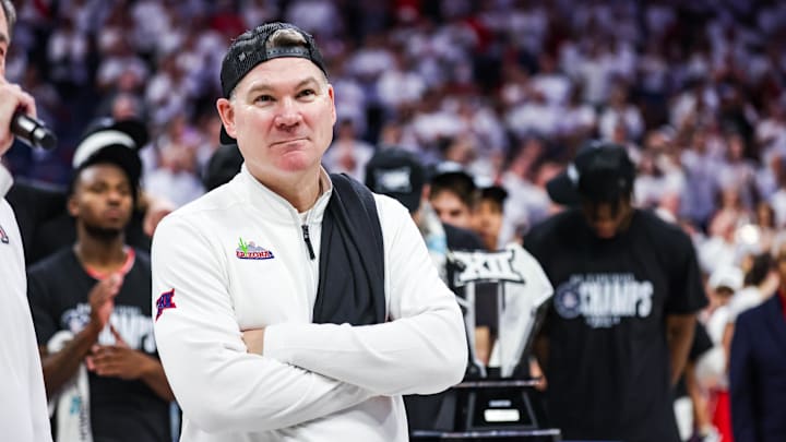 Mar 2, 2026; Tucson, Arizona, USA; Arizona Wildcats head coach Tommy Lloyd looks out to fans after they defeat the Iowa State Cyclones   at McKale Memorial Center. Mandatory Credit: Aryanna Frank-Imagn Images