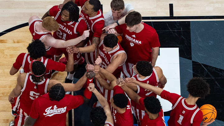 The Indiana Hoosiers huddle Thursday, March 13, 2025, before their game against the Oregon Ducks in the 2025 TIAA Big Ten Men’s Basketball Tournament at Gainbridge Fieldhouse in Indianapolis. The Indiana Hoosiers huddle Thursday, March 13, 2025, before their game against the Oregon Ducks in the 2025 TIAA Big Ten Men’s Basketball Tournament at Gainbridge Fieldhouse in Indianapolis.