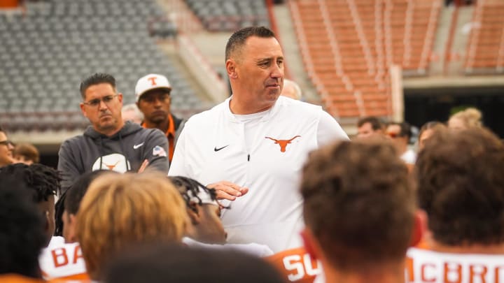 Texas Longhorns Head Coach Steve Sarkisian speaks to the team following the Longhorns' spring Orange and White game at Darrell K Royal Texas Memorial Stadium in Austin, Texas, April 20, 2024.