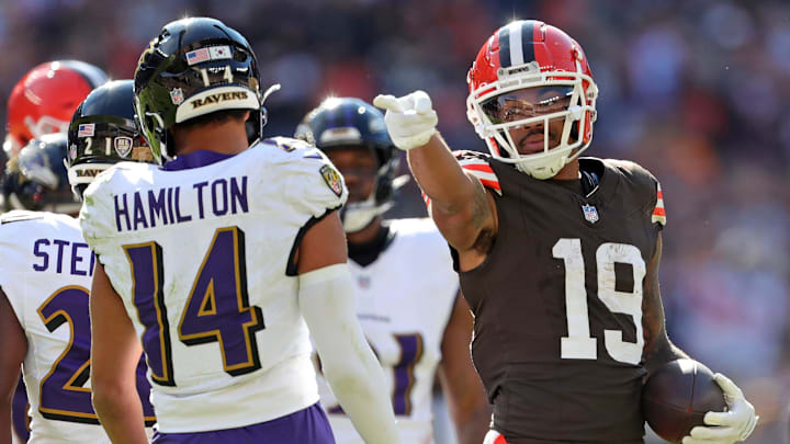 Cleveland Browns wide receiver Cedric Tillman (19) celebrates after a catch against Baltimore Ravens safety Kyle Hamilton (14) during the first half of an NFL football game at Huntington Bank Field, Sunday, Oct. 27, 2024, in Cleveland, Ohio. Cleveland Browns wide receiver Cedric Tillman (19) celebrates after a catch against Baltimore Ravens safety Kyle Hamilton (14) during the first half of an NFL football game at Huntington Bank Field, Sunday, Oct. 27, 2024, in Cleveland, Ohio.