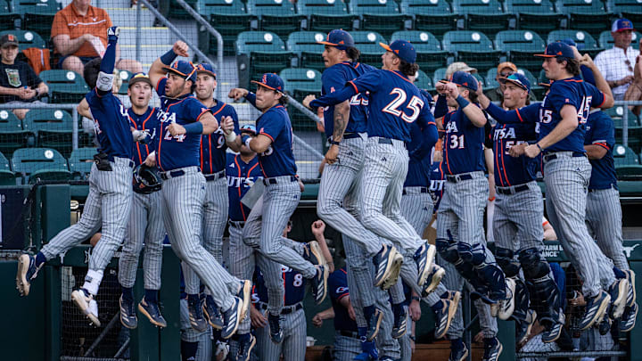 UTSA celebrate after scoring the first run of the game against the Texas Longhorns, March 18, 2025 at UFCU Disch-Falk Field in Austin.
