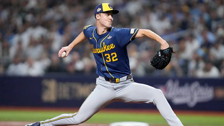 Milwaukee Brewers pitcher Jacob Misiorowski (32) pitches against the Tampa Bay Rays during the first inning during Game 5 of the World Series at Tropicana Field in St. Petersburg, Fla. on Oct 28, 2026.