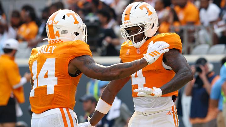 Sep 5, 2026; Knoxville, Tennessee, USA; Tennessee Volunteers wide receiver Braylon Staley (14) and wide receiver Mike Matthews (4) celebrate a touchdown against the Furman Paladins during the second half at Neyland Stadium. Mandatory Credit: Randy Sartin-Imagn Images Sep 5, 2026; Knoxville, Tennessee, USA; Tennessee Volunteers wide receiver Braylon Staley (14) and wide receiver Mike Matthews (4) celebrate a touchdown against the Furman Paladins during the second half at Neyland Stadium. Mandatory Credit: Randy Sartin-Imagn Images
