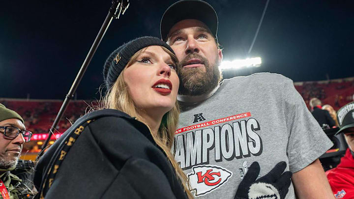 February 7, 2025: Taylor Swift, left, and Kansas City Chiefs tight end Travis Kelce walk off the field after the trophy ceremony following the Chiefs 32-29 victory over the Buffalo Bills in the AFC Championship Game.
