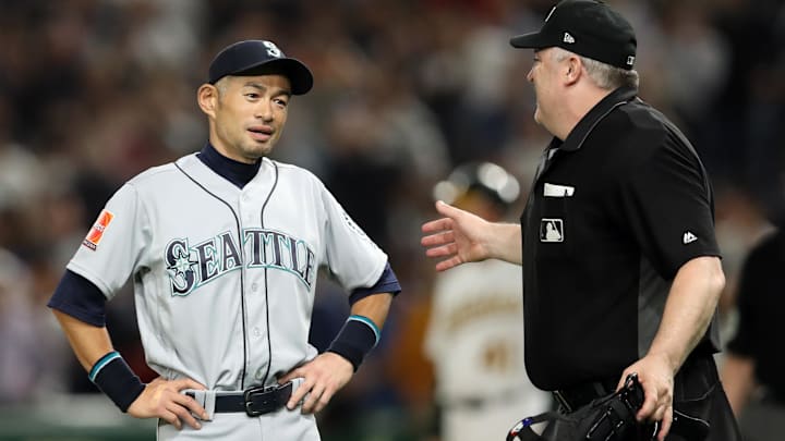 Mar 21, 2019; Tokyo,JPN; MLB umpire Bill Welke (3) talks to Seattle Mariners right fielder Ichiro Suzuki (51) after the game against the Oakland Athletics at Tokyo Dome. Mandatory Credit: Darren Yamashita-Imagn Images Mar 21, 2019; Tokyo,JPN; MLB umpire Bill Welke (3) talks to Seattle Mariners right fielder Ichiro Suzuki (51) after the game against the Oakland Athletics at Tokyo Dome. Mandatory Credit: Darren Yamashita-Imagn Images