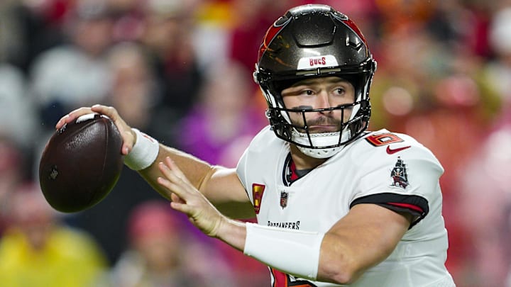 Nov 4, 2024; Kansas City, Missouri, USA; Tampa Bay Buccaneers quarterback Baker Mayfield (6) throws a pass during the first half against the Kansas City Chiefs at GEHA Field at Arrowhead Stadium. Mandatory Credit: Jay Biggerstaff-Imagn Images