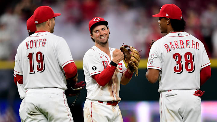 Cincinnati Reds players celebrate after a victory.