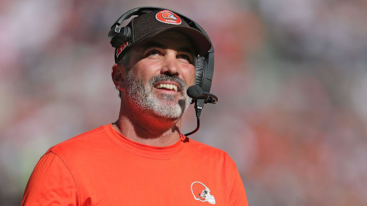 Cleveland Browns head coach Kevin Stefanski is all smiles as he watches running back Nick Chubb score a touchdown during the first half of an NFL football game at Huntington Bank Field, Sunday, Oct. 20, 2024, in Cleveland, Ohio.