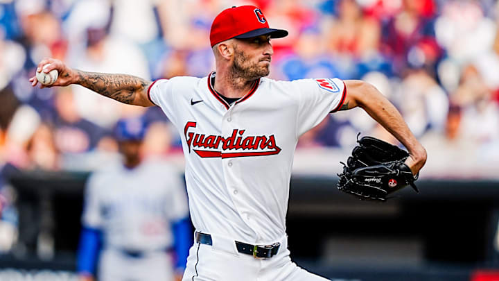 Cleveland Guardians relief pitcher Connor Brogdon (75) delivers a pitch during the home opening game against the Chicago Cubs, April 4, 2026, at Progressive Field in Cleveland, Ohio.