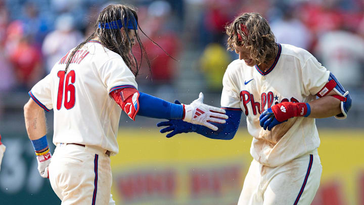 May 24, 2023; Philadelphia, Pennsylvania, USA; Philadelphia Phillies first baseman Alec Bohm (28) celebrates with center fielder Brandon Marsh (16) after hitting a walk off RBI single in the tenth inning against the Arizona Diamondbacks at Citizens Bank Park
