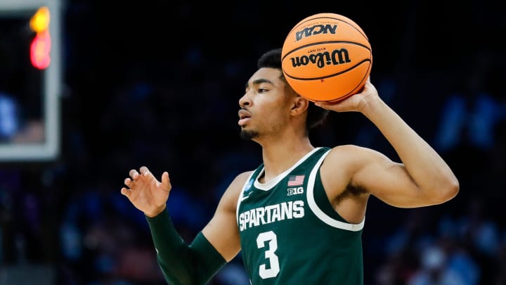Michigan State guard Jaden Akins (3) looks to pass against North Carolina during the second half of the NCAA tournament West Region second round at Spectrum Center in Charlotte, N.C. on Saturday, March 23, 2024. Michigan State guard Jaden Akins (3) looks to pass against North Carolina during the second half of the NCAA tournament West Region second round at Spectrum Center in Charlotte, N.C. on Saturday, March 23, 2024.