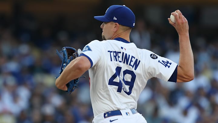 Apr 13, 2025; Los Angeles, California, USA; Los Angeles Dodgers pitcher Blake Treinen (49) throws a pitch against the Chicago Cubs during the seventh inning of the game at Dodger Stadium. Mandatory Credit: Kiyoshi Mio-Imagn Images Apr 13, 2025; Los Angeles, California, USA; Los Angeles Dodgers pitcher Blake Treinen (49) throws a pitch against the Chicago Cubs during the seventh inning of the game at Dodger Stadium. Mandatory Credit: Kiyoshi Mio-Imagn Images