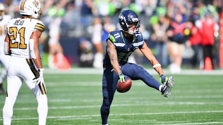 Sep 21, 2025; Seattle, Washington, USA; Seattle Seahawks wide receiver Jaxon Smith-Njigba (11) celebrates after making a catch during the second quarter against the New Orleans Saints at Lumen Field. 