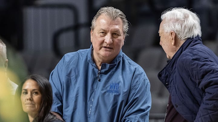 Mar 15, 2023; Birmingham, AL, USA; West Virginia Mountaineers head coach Bob Huggins talks during practice at Legacy Arena. Mandatory Credit: Vasha Hunt-Imagn Images