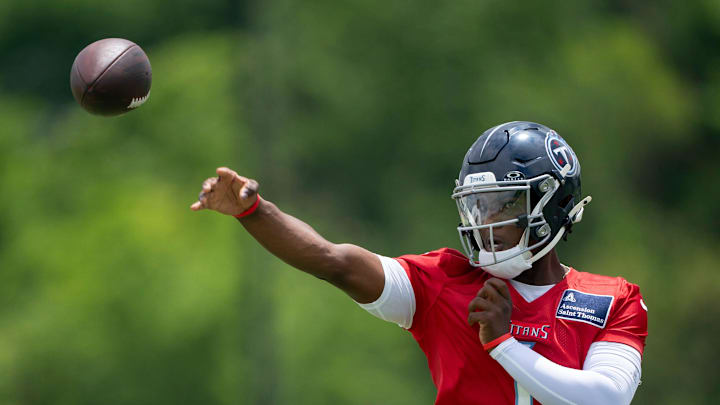 Tennessee Titans quarterback Cam Ward throws in drills during OTAs at Ascension Saint Thomas Sports Park