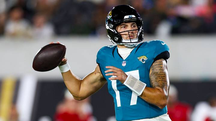 Aug 28, 2026; Jacksonville, Florida, USA; Jacksonville Jaguars quarterback Joey Aguilar (17) drops back to pass against the Tampa Bay Buccaneers in the third quarter during preseason at EverBank Stadium. Mandatory Credit: Nathan Ray Seebeck-Imagn Images