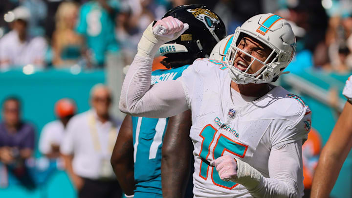 Miami Dolphins linebacker Jaelan Phillips (15) celebrates after sacking Jacksonville Jaguars quarterback Trevor Lawrence during the fourth quarter at Hard Rock Stadium in the 2024 season opener.