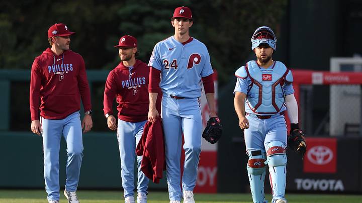 May 7, 2026; Philadelphia, Pennsylvania, USA; Philadelphia Phillies pitcher Andrew Painter (24) and catcher Rafael Marchan (13) take the field for a game against the Athletics at Citizens Bank Park. Mandatory Credit: Bill Streicher-Imagn Images May 7, 2026; Philadelphia, Pennsylvania, USA; Philadelphia Phillies pitcher Andrew Painter (24) and catcher Rafael Marchan (13) take the field for a game against the Athletics at Citizens Bank Park. Mandatory Credit: Bill Streicher-Imagn Images