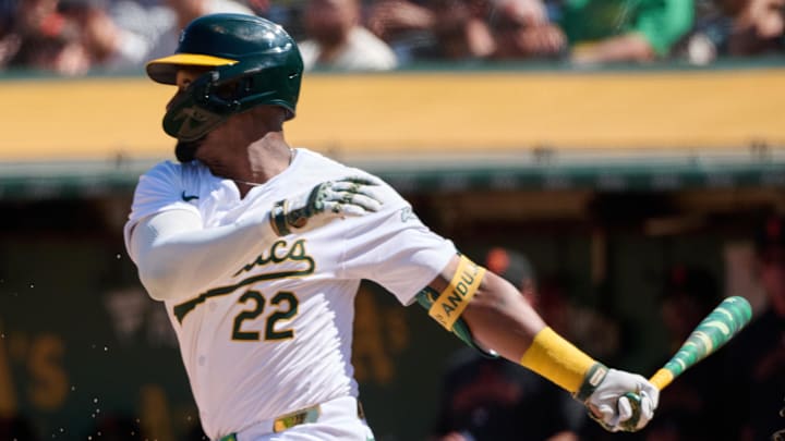 Aug 18, 2024; Oakland, California, USA; Oakland Athletics outfielder Miguel Andujar (22) bats against the San Francisco Giants during the eighth inning at Oakland-Alameda County Coliseum. Mandatory Credit: Robert Edwards-Imagn Images Aug 18, 2024; Oakland, California, USA; Oakland Athletics outfielder Miguel Andujar (22) bats against the San Francisco Giants during the eighth inning at Oakland-Alameda County Coliseum. Mandatory Credit: Robert Edwards-Imagn Images