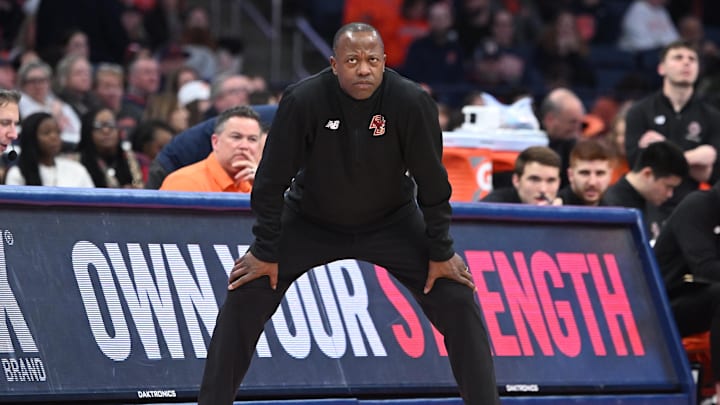 Feb 8, 2025; Syracuse, New York, USA; Boston College Eagles head coach Earl Grant watches play against the Syracuse Orange in the first half at the JMA Wireless Dome. Mandatory Credit: Mark Konezny-Imagn Images
