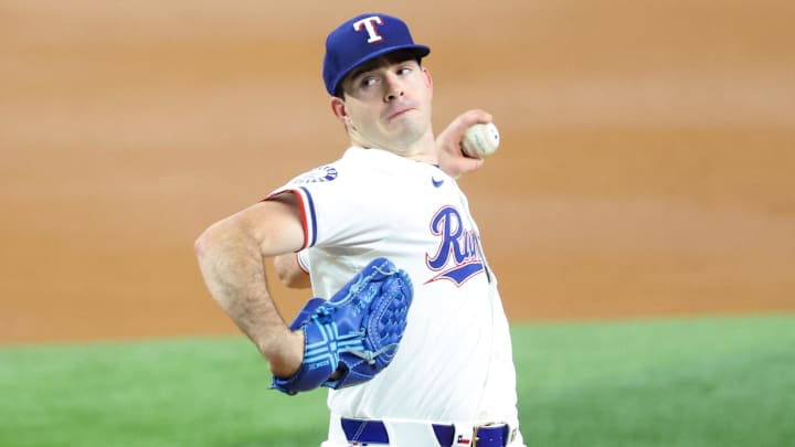 Sep 18, 2024; Arlington, Texas, USA;  Texas Rangers starting pitcher Cody Bradford (61) throws during the first inning against the Toronto Blue Jays at Globe Life Field.