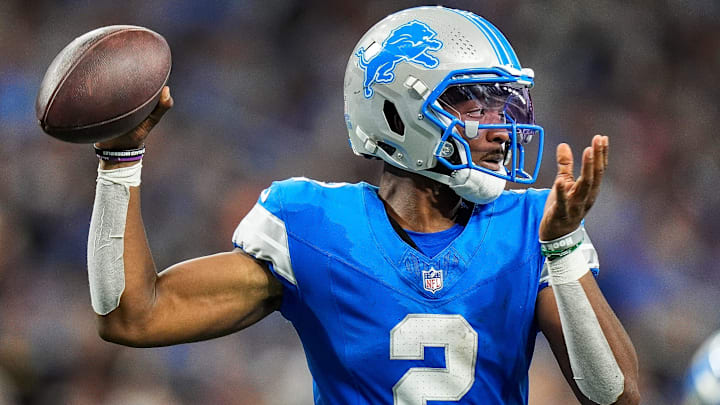 Detroit Lions quarterback Hendon Hooker (2) makes a pass against Pittsburgh Steelers during the second half of a preseason game at Ford Field in Detroit on Saturday, August 24, 2024.