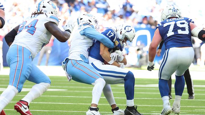 Oct 18, 2026; Indianapolis, Indiana, USA; Tennessee Titans defensive end Jermaine Johnson II (11) sacks Indianapolis Colts quarterback Daniel Jones (17) during the first half at Lucas Oil Stadium. Mandatory Credit: Trevor Ruszkowski-Imagn Images Oct 18, 2026; Indianapolis, Indiana, USA; Tennessee Titans defensive end Jermaine Johnson II (11) sacks Indianapolis Colts quarterback Daniel Jones (17) during the first half at Lucas Oil Stadium. Mandatory Credit: Trevor Ruszkowski-Imagn Images