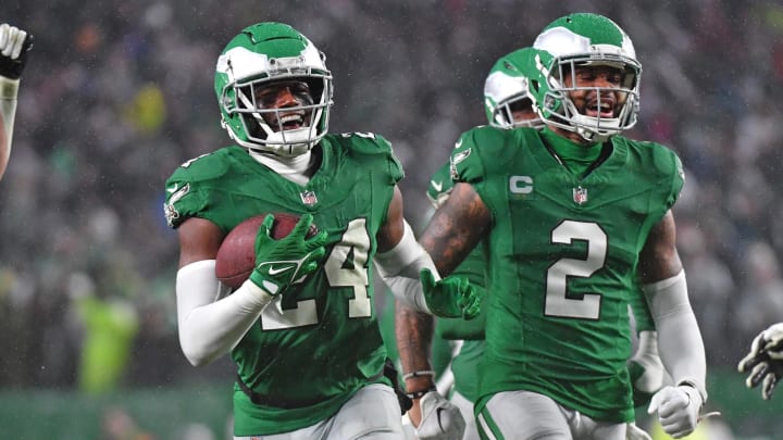 Nov 26, 2023; Philadelphia, Pennsylvania, USA; Philadelphia Eagles cornerback James Bradberry (24) celebrates his interception during the fourth quarter against the Buffalo Bills at Lincoln Financial Field. Mandatory Credit: Eric Hartline-USA TODAY Sports Nov 26, 2023; Philadelphia, Pennsylvania, USA; Philadelphia Eagles cornerback James Bradberry (24) celebrates his interception during the fourth quarter against the Buffalo Bills at Lincoln Financial Field. Mandatory Credit: Eric Hartline-USA TODAY Sports