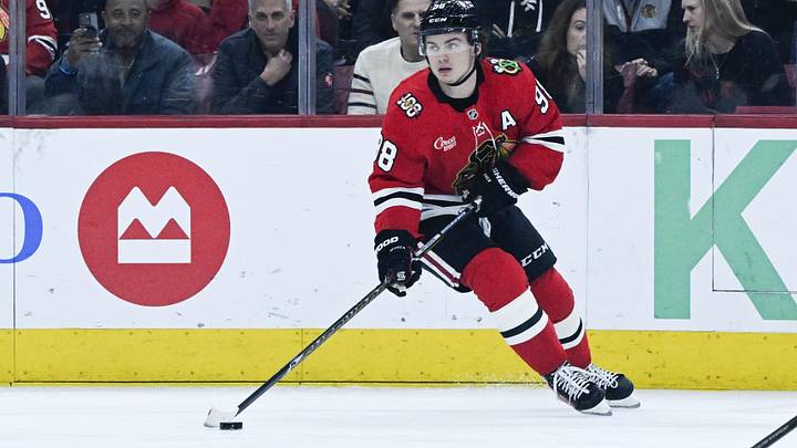 Mar 6, 2026; Chicago, Illinois, USA; Chicago Blackhawks center Connor Bedard (98) moves the puck against the Vancouver Canucks during the first period at United Center. Mandatory Credit: Matt Marton-Imagn Images Mar 6, 2026; Chicago, Illinois, USA; Chicago Blackhawks center Connor Bedard (98) moves the puck against the Vancouver Canucks during the first period at United Center. Mandatory Credit: Matt Marton-Imagn Images