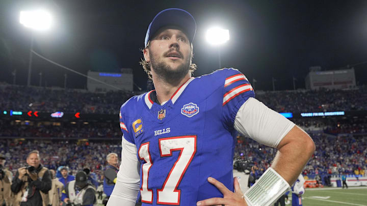 Buffalo Bills quarterback Josh Allen looks around the stadium after the game and their win against the Baltimore Ravens at Highmark Stadium in Orchard Park on Sept. 7, 2025.