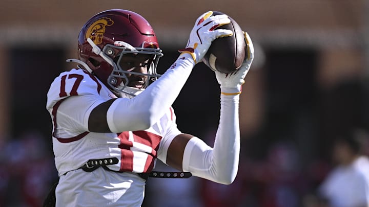 Oct 19, 2024; College Park, Maryland, USA; Southern California Trojans cornerback DeCarlos Nicholson (17) warms cup before the game against the Maryland Terrapins at SECU Stadium. Mandatory Credit: Tommy Gilligan-Imagn Images Oct 19, 2024; College Park, Maryland, USA; Southern California Trojans cornerback DeCarlos Nicholson (17) warms cup before the game against the Maryland Terrapins at SECU Stadium. Mandatory Credit: Tommy Gilligan-Imagn Images
