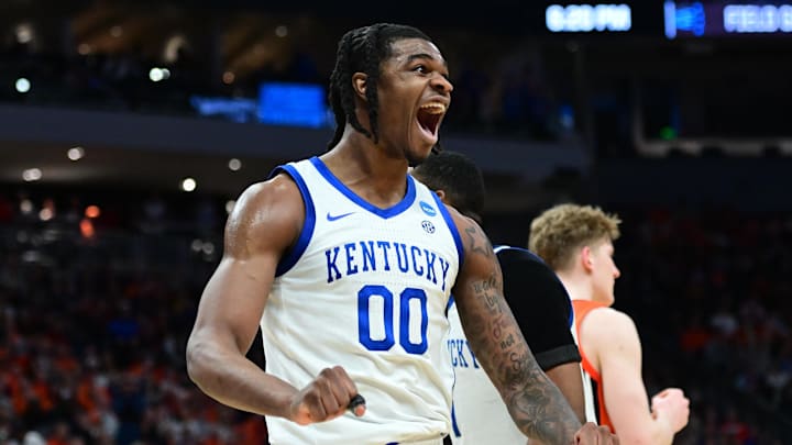 Mar 23, 2025; Milwaukee, WI, USA;  Kentucky Wildcats guard Otega Oweh (00) reacts during the second half in the second round of the NCAA Tournament against the Illinois Fighting Illini at Fiserv Forum. Mandatory Credit: Benny Sieu-Imagn Images