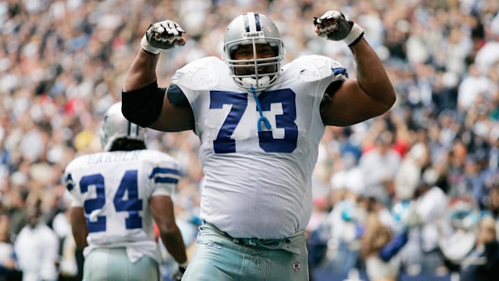 Nov. 20, 2005; Irving, Texas USA; Dallas Cowboys guard (73) Larry Allen celebrates a touchdown by running back (24) Marion Barber during the 3rd quarter against the Detroit Lions at Texas Stadium. Mandatory Credit: Photo by Tim Heitman-USA TODAY Sports (c) Copyright 2005 Tim Heitman