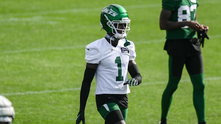 Jul 23, 2025; Florham Park, NY, USA; New York Jets cornerback Sauce Gardner (1) warms up during training camp at Atlantic Health Jets Training Center. Mandatory Credit: John Jones-Imagn Images