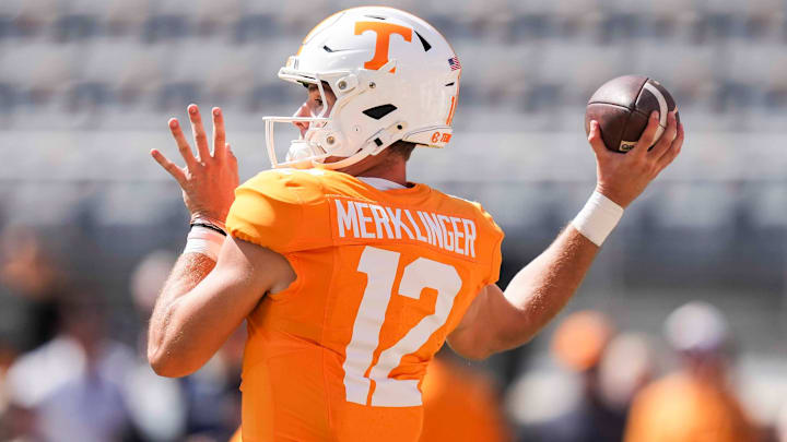 Tennessee quarterback Jake Merklinger (12) throws the ball before a NCAA football game between Tennessee and UAB at Neyland Stadium in Knoxville, Tenn., September 20, 2025.