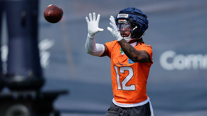 Jul 24, 2025; Englewood, CO, USA; Denver Broncos cornerback Jahdae Barron (12) during Denver Broncos Training Camp. Mandatory Credit: Isaiah J. Downing-Imagn Images