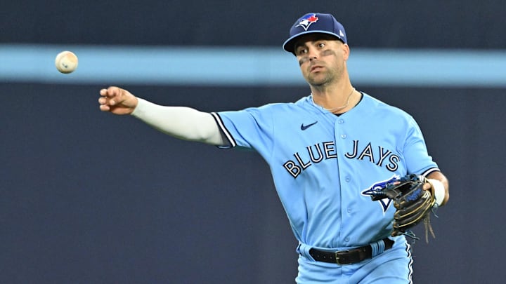 Aug 28, 2023; Toronto, Ontario, CAN;  Toronto Blue Jays second baseman Whit Merrifield (15) throws