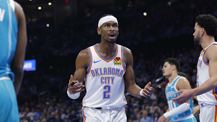 Jan 5, 2026; Oklahoma City, Oklahoma, USA; Oklahoma City Thunder guard Shai Gilgeous-Alexander (2) reacts after an official call following a play against the Charlotte Hornets during the second half at Paycom Center. Mandatory Credit: Alonzo Adams-Imagn Images