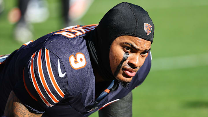Nov 23, 2025; Chicago, Illinois, USA; Chicago Bears safety Jaquan Brisker (9) stretches before the game against the Pittsburgh Steelers at Soldier Field. Mandatory Credit: Mike Dinovo-Imagn Images