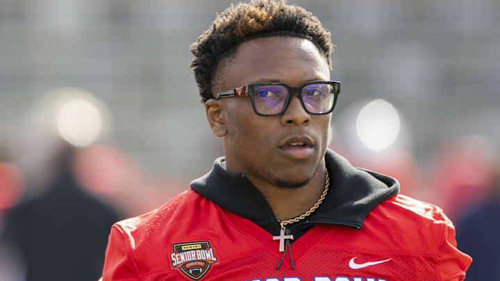 Jan 29, 2026; Mobile, AL, USA; National cornerback Colton Hood (27) of Tennessee walks the field during National Senior Bowl practice at Hancock Whitney Stadium. Mandatory Credit: Vasha Hunt-Imagn Images