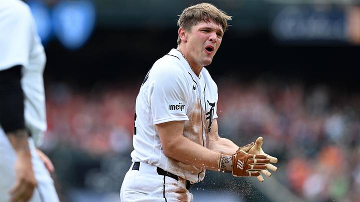 Detroit Tigers left fielder Brett Callahan (34) celebrates at third base after hitting a two-run triple on the first pitch of his Major League debut. Credit: Lon Horwedel-Imagn Images Detroit Tigers left fielder Brett Callahan (34) celebrates at third base after hitting a two-run triple on the first pitch of his Major League debut. Credit: Lon Horwedel-Imagn Images