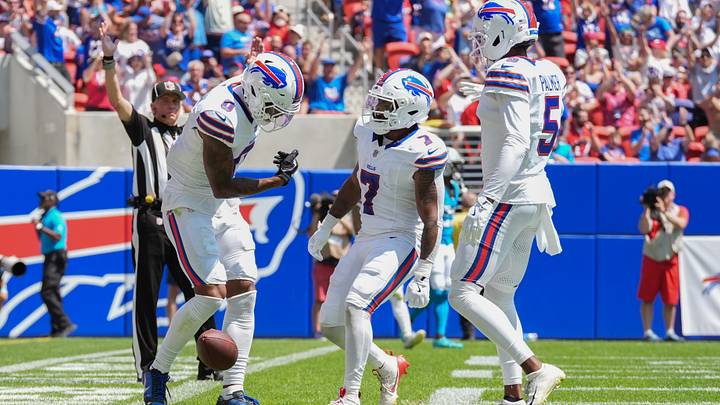 Buffalo Bills WR Keon Coleman celebrates catching a touchdown with RB Ray Davis and WR Joshua Palmer against the Panthers. Buffalo Bills WR Keon Coleman celebrates catching a touchdown with RB Ray Davis and WR Joshua Palmer against the Panthers.