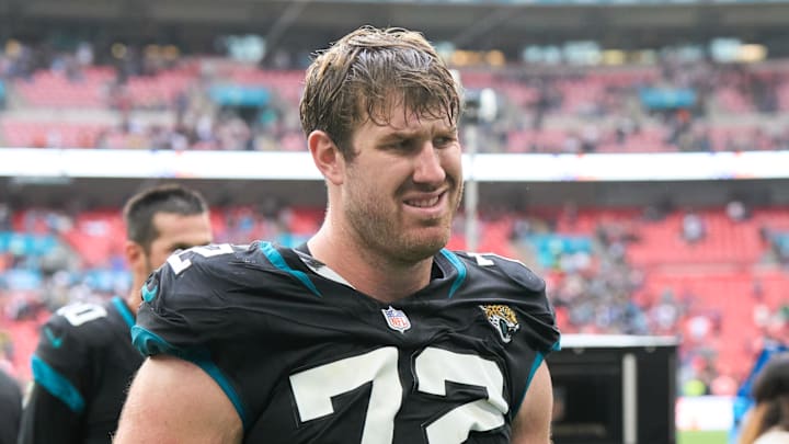Oct 1, 2023; London, United Kingdom;  Jacksonville Jaguars offensive tackle Walker Little (72).