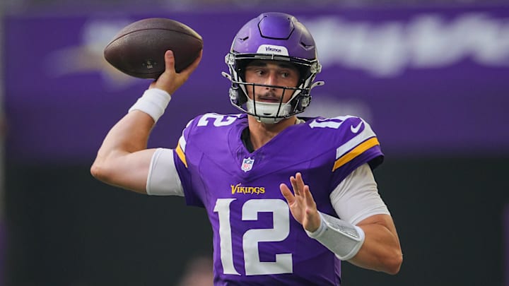 Aug 9, 2025; Minneapolis, Minnesota, USA; Minnesota Vikings quarterback Max Brosmer (12) passes against the Houston Texans in the fourth quarter at U.S. Bank Stadium.