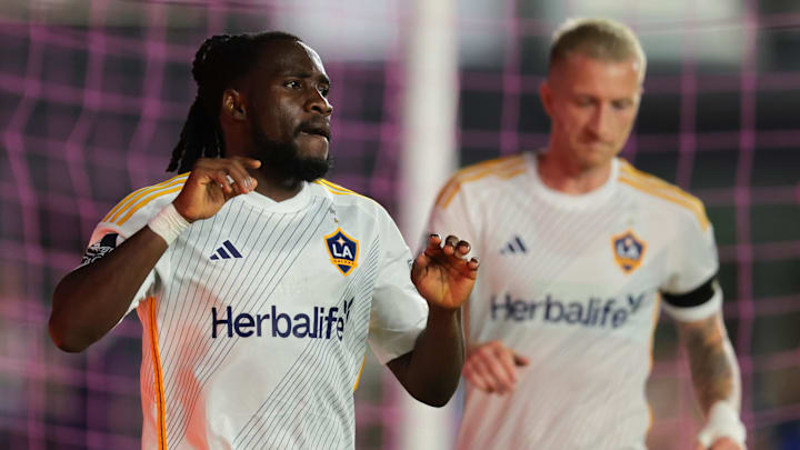 Aug 16, 2025; Fort Lauderdale, Florida, USA; Los Angeles Galaxy forward Joseph Paintsil (28) celebrates after scoring against Inter Miami CF during the second half at Chase Stadium. Mandatory Credit: Sam Navarro-Imagn Images