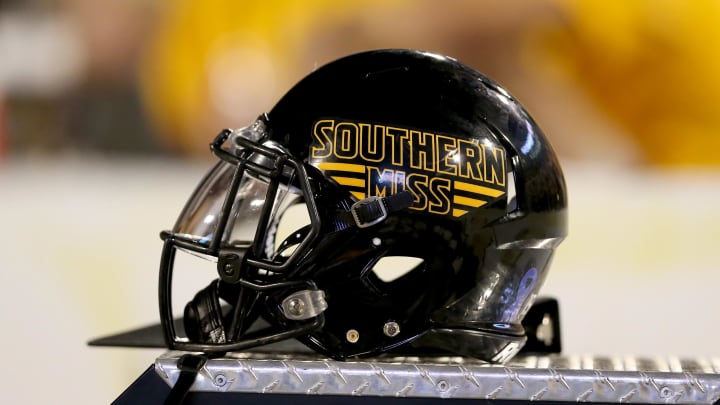 Sep 10, 2016; Hattiesburg, MS, USA; A Southern Miss Golden Eagles helmet sits on the bench in the second half of their game against the Savannah State Tigers at M.M. Roberts Stadium. Southern Miss won, 56-0.
