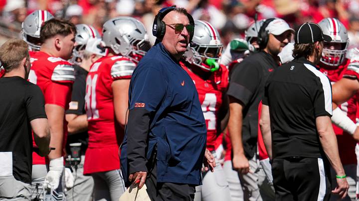Illinois Fighting Illini head coach Bret Bielema watches during the NCAA football game against the Ohio State Buckeyes at Ohio Stadium in Columbus on Sept. 26, 2026. Illinois Fighting Illini head coach Bret Bielema watches during the NCAA football game against the Ohio State Buckeyes at Ohio Stadium in Columbus on Sept. 26, 2026.
