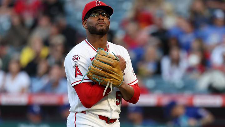 May 23, 2026; Anaheim, California, USA;  Los Angeles Angels pitcher Walbert Urena (57) reacts after getting a third out of the inning in the first inning against the Texas Rangers at Angel Stadium. Mandatory Credit: Kiyoshi Mio-Imagn Images