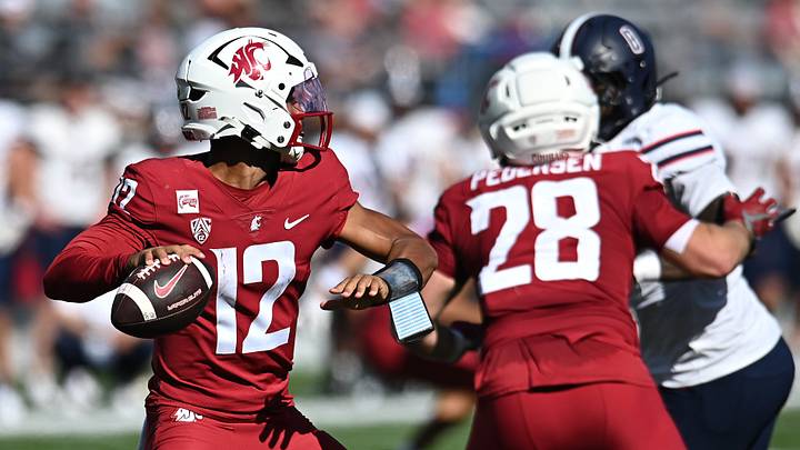 Washington State Cougars quarterback Caden Pinnick (12) throws against the Duquesne Dukes during the second half at Gesa Field at Martin Stadium. Washington State Cougars quarterback Caden Pinnick (12) throws against the Duquesne Dukes during the second half at Gesa Field at Martin Stadium.