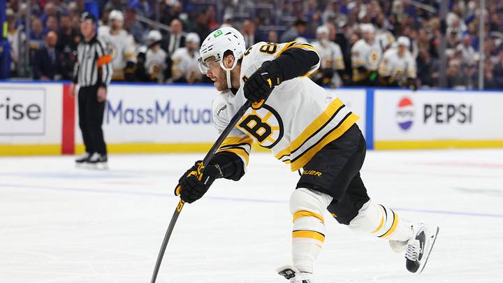 Apr 28, 2026; Buffalo, New York, USA; Boston Bruins right wing David Pastrnak (88) takes a shot on goal during the first period against the Buffalo Sabres in game five of the first round of the 2026 Stanley Cup Playoffs at KeyBank Center. Mandatory Credit: Timothy T. Ludwig-Imagn Images Apr 28, 2026; Buffalo, New York, USA; Boston Bruins right wing David Pastrnak (88) takes a shot on goal during the first period against the Buffalo Sabres in game five of the first round of the 2026 Stanley Cup Playoffs at KeyBank Center. Mandatory Credit: Timothy T. Ludwig-Imagn Images